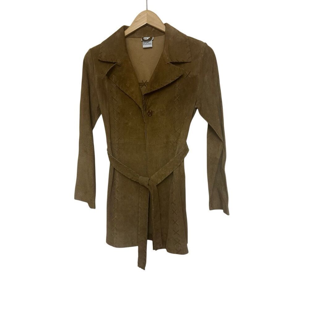 Vintage  Y2K Wet Seal Leather Trench Coat Women’ Brown Suede Fringe Boho Western